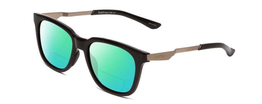 Profile View of Smith Optics Roam Designer Polarized Reading Sunglasses with Custom Cut Powered Green Mirror Lenses in Gloss Black Unisex Classic Full Rim Acetate 53 mm