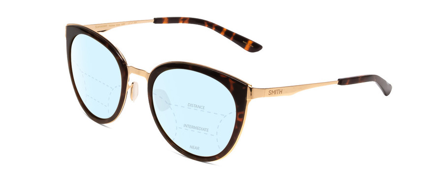 Profile View of Smith Optics Somerset Designer Progressive Lens Blue Light Blocking Eyeglasses in Tortoise Rose Ladies Cateye Full Rim Stainless Steel 53 mm with Blue Light Zone functionality illustration laid over the lens