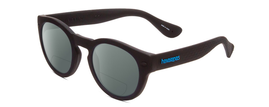 Profile View of Havaianas TRANCOSO/M Designer Polarized Reading Sunglasses with Custom Cut Powered Smoke Grey Lenses in Matte Black Unisex Round Full Rim Acetate 49 mm