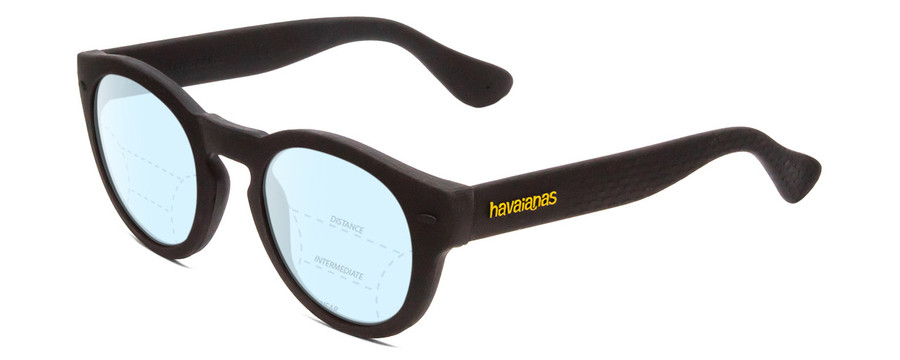 Profile View of Havaianas TRANCOSO/M Designer Progressive Lens Blue Light Blocking Eyeglasses in Matte Black Unisex Round Full Rim Acetate 49 mm with Progressive Blue Light Lens Functionality illustration laid over the lens