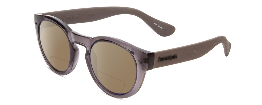 Profile View of Havaianas TRANCOSO/M Designer Polarized Reading Sunglasses with Custom Cut Powered Amber Brown Lenses in Dark Crystal Slate Grey Unisex Round Full Rim Acetate 49 mm