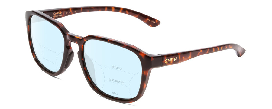 Profile View of Smith Optics Contour Designer Progressive Lens Blue Light Blocking Eyeglasses in Tortoise Havana Gold Unisex Square Full Rim Acetate 56 mm with Progressive Blue Light Lens Functionality illustration laid on top of the lens