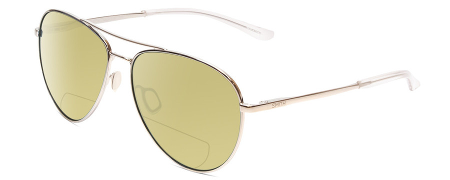 Profile View of Smith Optics Layback Designer Polarized Reading Sunglasses with Custom Cut Powered Sun Flower Yellow Lenses in Silver Unisex Aviator Full Rim Metal 60 mm