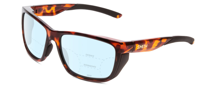 Profile View of Smith Optics Longfin Designer Progressive Lens Blue Light Blocking Eyeglasses in Tortoise Havana Brown Gold Unisex Wrap Full Rim Acetate 59 mm with Progressive Blue Light Lens Functionality illustration laid on top of the lens