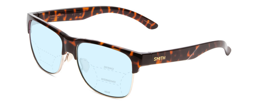 Profile View of Smith Optics Lowdown Split Designer Progressive Lens Blue Light Blocking Eyeglasses in Tortoise Havana Brown Gold Unisex Classic Semi-Rimless Acetate 56 mm with Progressive Blue Light Lens Functionality illustration laid on top of the lens