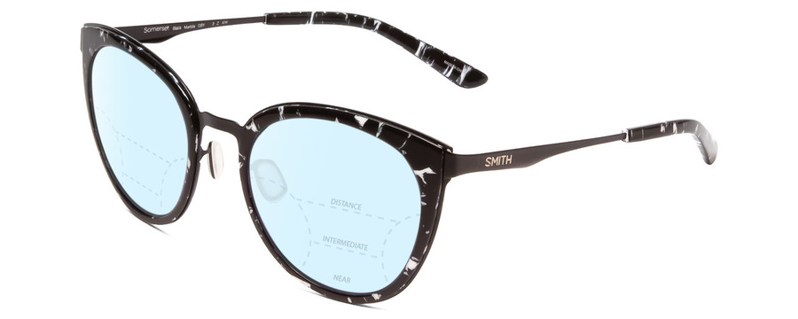 Profile View of Smith Optics Somerset Designer Progressive Lens Blue Light Blocking Eyeglasses in Black Marble Tortoise Ladies Cateye Full Rim Stainless Steel 53 mm with Progressive Blue Light Lens Functionality illustration laid on top of the lens