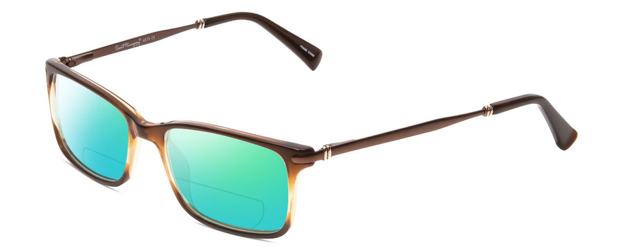 Profile View of Ernest Hemingway H4679 Designer Polarized Reading Sunglasses with Custom Cut Powered Green Mirror Lenses in Brown Honey Clear Gradient Mist Unisex Square Full Rim Acetate 53 mm