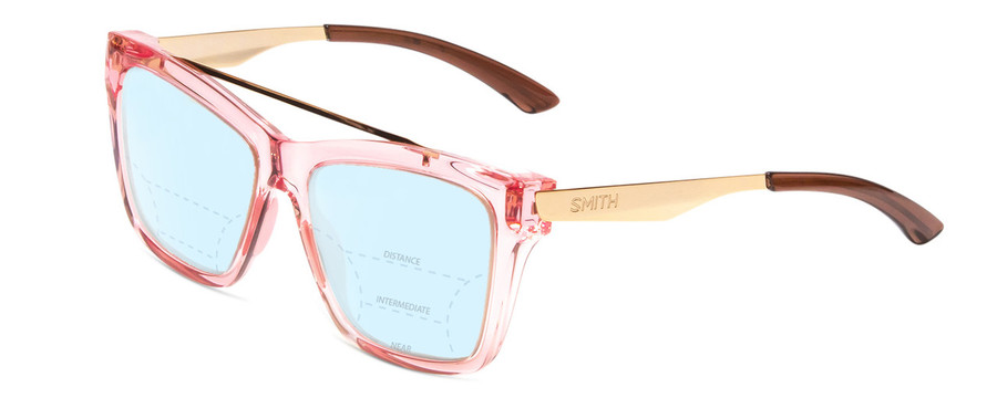 Profile View of Smith Optics Runaround Designer Progressive Lens Blue Light Blocking Eyeglasses in Pink Crystal Gold Ladies Cateye Full Rim Acetate 55 mm