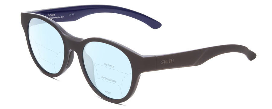 Profile View of Smith Optics Snare Designer Progressive Lens Blue Light Blocking Eyeglasses in Matte Smoke Grey Blue Unisex Round Full Rim Acetate 51 mm