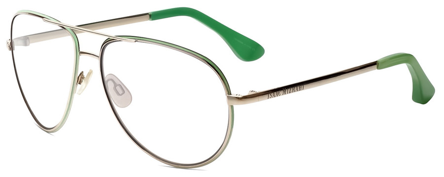 Profile View of Isaac Mizrahi IM36-86 Designer Reading Eye Glasses with Custom Cut Powered Lenses in Gold Mint Green Unisex Aviator Full Rim Acetate 59 mm