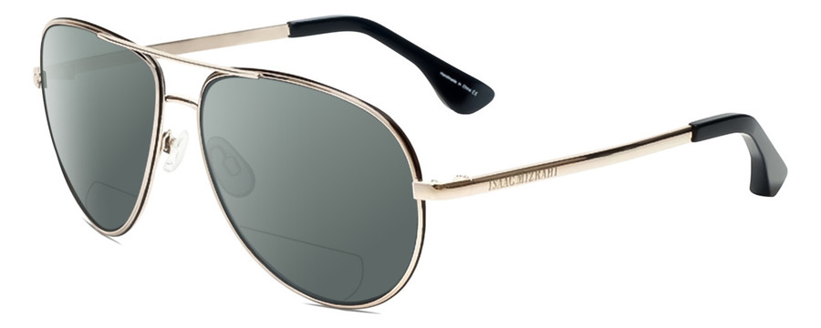 Profile View of Isaac Mizrahi IM36-10 Designer Polarized Reading Sunglasses with Custom Cut Powered Smoke Grey Lenses in Black Gold Unisex Aviator Full Rim Metal 59 mm