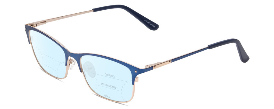 Profile View of Ernest Hemingway H4842 Designer Progressive Lens Blue Light Blocking Eyeglasses in Satin Metallic Blue Silver Unisex Cateye Full Rim Stainless Steel 52 mm