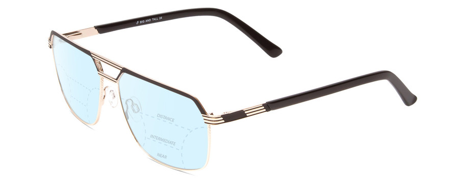 Profile View of Big and Tall 24 Designer Progressive Lens Blue Light Blocking Eyeglasses in Black/Shiny Gold Unisex Aviator Full Rim Metal 60 mm