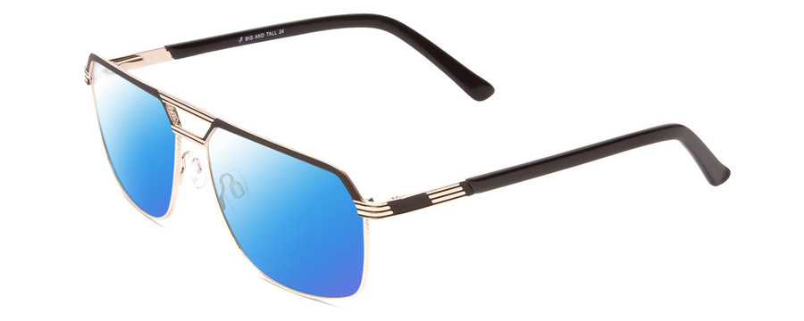 Profile View of Big and Tall 24 Designer Polarized Sunglasses with Custom Cut Blue Mirror Lenses in Black/Shiny Gold Unisex Aviator Full Rim Metal 60 mm