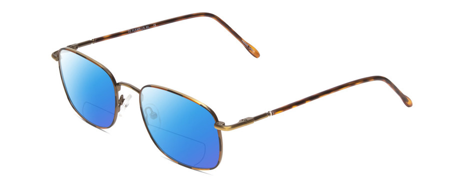 Profile View of Flex Collection 60 Designer Polarized Reading Sunglasses with Custom Cut Powered Blue Mirror Lenses in Antique Gold/Demi Tortoise Havana Amber Ladies Round Full Rim Metal 51 mm