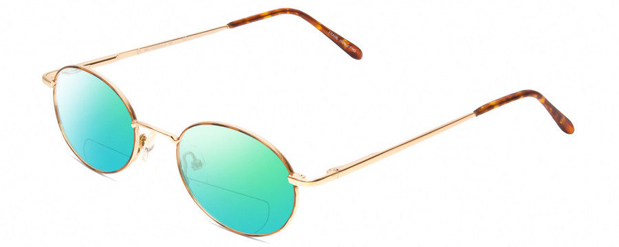 Profile View of Metal Flex KIDS M Designer Polarized Reading Sunglasses with Custom Cut Powered Green Mirror Lenses in Gold/Demi Tortoise Havana Amber Ladies Oval Full Rim Metal 50 mm