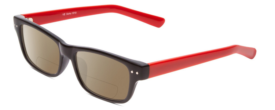 Profile View of Soho 1010 Designer Polarized Reading Sunglasses with Custom Cut Powered Amber Brown Lenses in Black/Red Unisex Classic Full Rim Acetate 50 mm