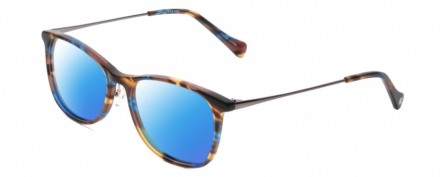 Profile View of Lucky Brand D510 Designer Polarized Sunglasses with Custom Cut Blue Mirror Lenses in Blue Brown Stripe Horn Unisex Cat Eye Full Rim Acetate 52 mm