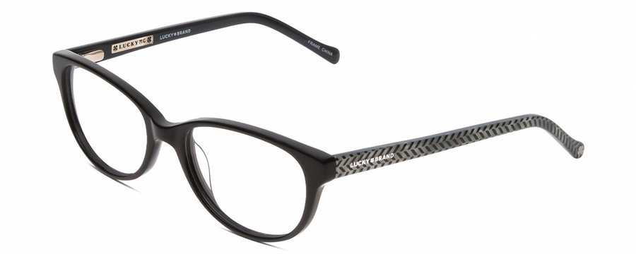 Profile View of Lucky Brand D701 Designer Reading Eye Glasses with Custom Cut Powered Lenses in Gloss Black Ladies Oval Full Rim Acetate 49 mm
