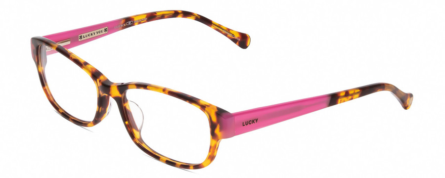 Profile View of Lucky Brand Lunada Designer Reading Eye Glasses with Custom Cut Powered Lenses in Havana Tokyo Tortoise Brown Gold Pink Ladies Cat Eye Full Rim Acetate 53 mm