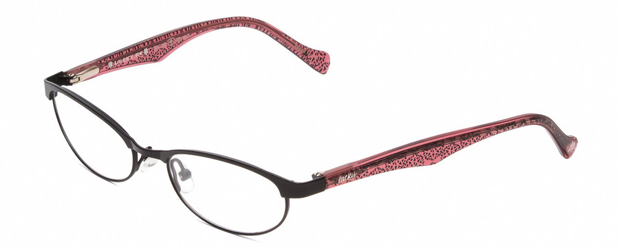 Profile View of Lucky Brand Peppy KIDS Designer Single Vision Prescription Rx Eyeglasses in Black Snowflake Crystal Pink Ladies Oval Semi-Rimless Metal 46 mm