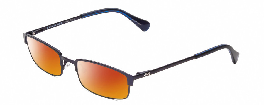 Profile View of Lucky Brand Break Time Designer Polarized Sunglasses with Custom Cut Red Mirror Lenses in Navy Blue Brown Gold Tortoise Tips Ladies Rectangular Full Rim Metal 48 mm