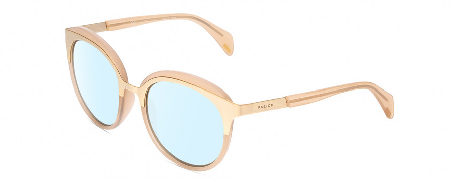 Profile View of POLICE SPL499 Designer Blue Light Blocking Eyeglasses in Pink Crystal/Gold Ladies Cat Eye Full Rim Acetate 53 mm