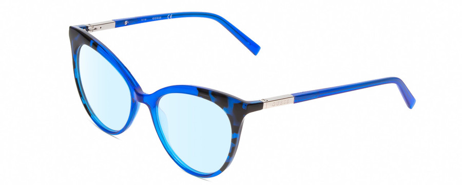 Profile View of Guess GU3031 Designer Blue Light Blocking Eyeglasses in Crystal Blue Unisex Cat Eye Full Rim Acetate 52 mm