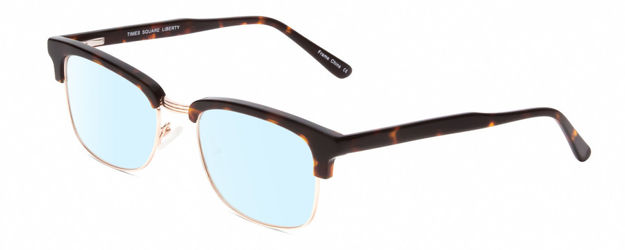 Profile View of Times Square Liberty Designer Blue Light Blocking Eyeglasses in Gold Demi-Tortoise Amber Unisex Panthos Semi-Rimless Metal 55 mm