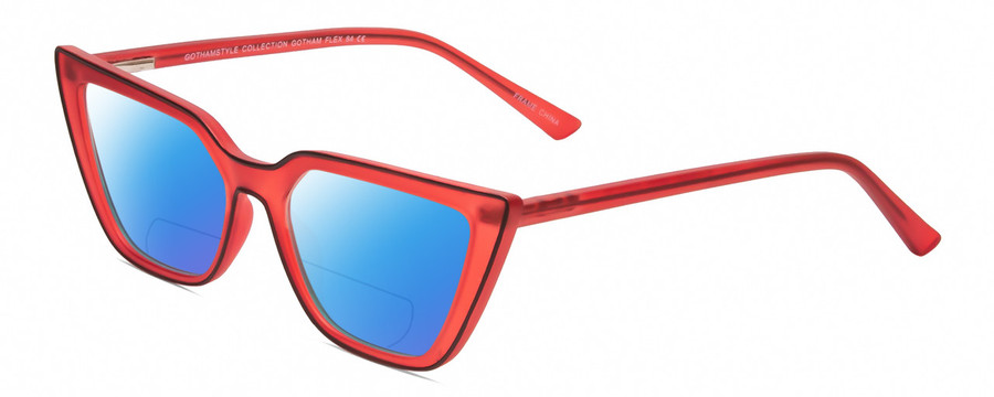Profile View of Gotham Flex 84 Designer Polarized Reading Sunglasses with Custom Cut Powered Blue Mirror Lenses in Smoke Red Matte Black Ladies Triangular Full Rim Acetate 49 mm