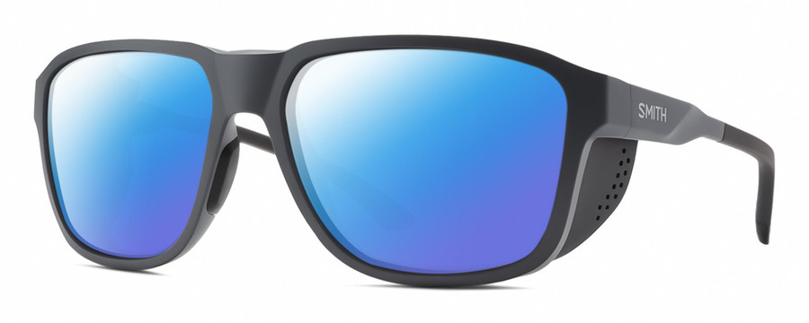Profile View of Smith Optics Embark Designer Polarized Sunglasses with Custom Cut Blue Mirror Lenses in Matte Slate Grey Unisex Wrap Full Rim Acetate 58 mm