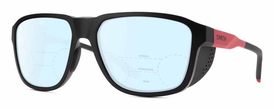 Profile View of Smith Optics Embark Designer Progressive Lens Blue Light Blocking Eyeglasses in TNF Matte Black/Horizon Red Unisex Wrap Full Rim Acetate 58 mm