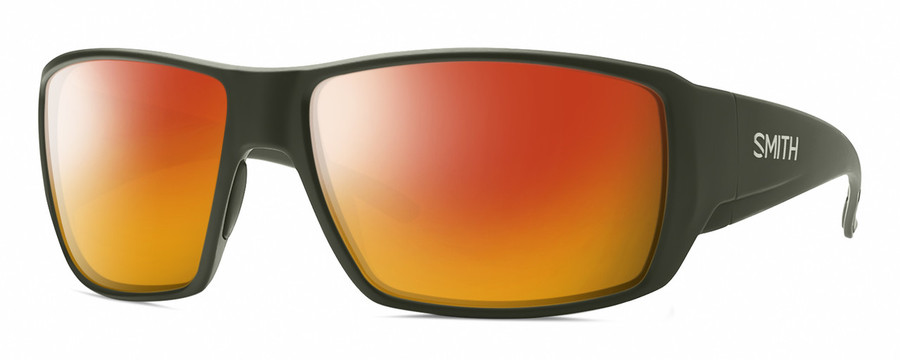 Profile View of Smith Optics Guides Choice Designer Polarized Sunglasses with Custom Cut Red Mirror Lenses in Matte Moss Green Unisex Rectangle Full Rim Acetate 62 mm