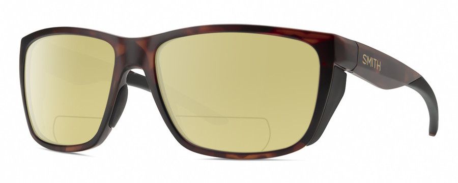 Profile View of Smith Optics Longfin Designer Polarized Reading Sunglasses with Custom Cut Powered Sun Flower Yellow Lenses in Matte Tortoise Havana Brown Gold Unisex Wrap Full Rim Acetate 59 mm