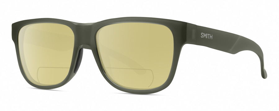 Profile View of Smith Optics Lowdown Slim 2 Designer Polarized Reading Sunglasses with Custom Cut Powered Sun Flower Yellow Lenses in Matte Moss Crystal Green Unisex Classic Full Rim Acetate 53 mm