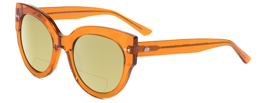 Profile View of SITO SHADES GOOD LIFE Designer Polarized Reading Sunglasses with Custom Cut Powered Sun Flower Yellow Lenses in Amber Orange Crystal Ladies Round Full Rim Acetate 54 mm