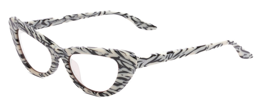 Profile View of SITO SHADES LUNETTE Designer Reading Eye Glasses in Savannah Black White Zebra Print Ladies Cat Eye Full Rim Acetate 52 mm