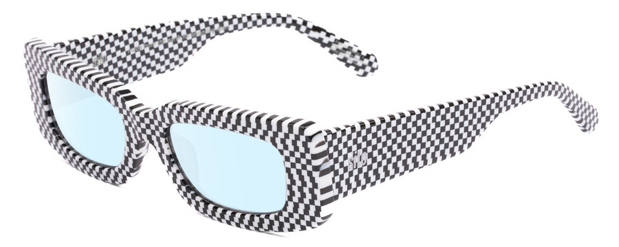 Profile View of SITO SHADES REACHING DAWN Designer Blue Light Blocking Eyeglasses in Optic Black White Checker Print Ladies Square Full Rim Acetate 51 mm