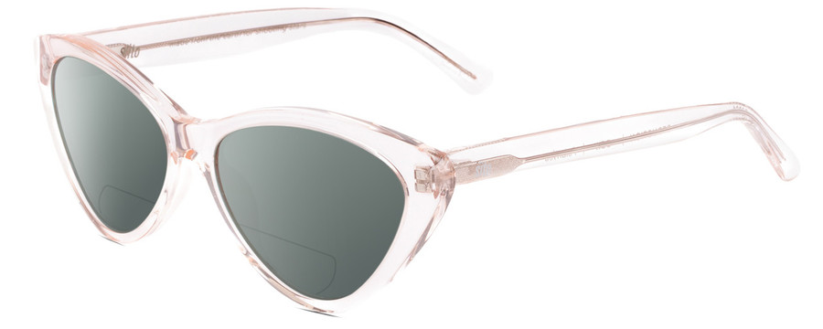 Profile View of SITO SHADES SEDUCTION Designer Polarized Reading Sunglasses with Custom Cut Powered Smoke Grey Lenses in Dew Clear Pink Crystal Ladies Cat Eye Full Rim Acetate 57 mm