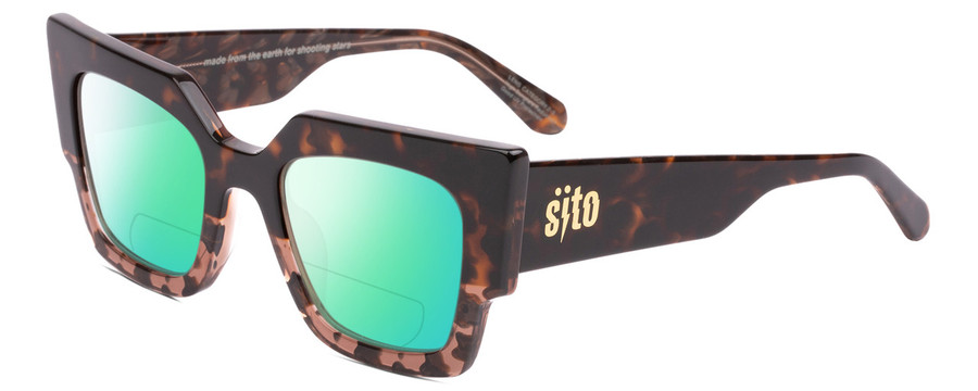 Profile View of SITO SHADES SENSORY DIVISION Designer Polarized Reading Sunglasses with Custom Cut Powered Green Mirror Lenses in Quartz Tortoise Havana Ladies Cat Eye Full Rim Acetate 53 mm