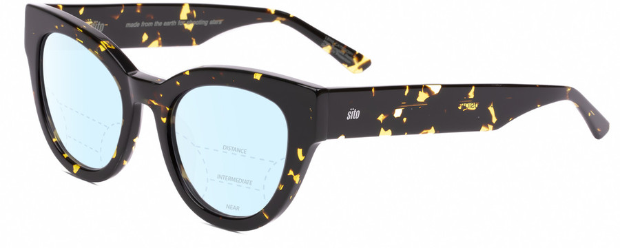 Profile View of SITO SHADES SOUL FUSION Designer Progressive Lens Blue Light Blocking Eyeglasses in Limeade Black Yellow Tortoise Ladies Round Full Rim Acetate 51 mm