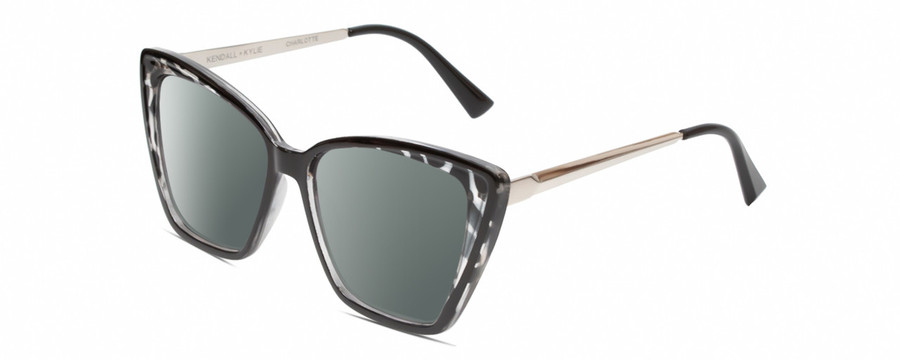 Profile View of Kendall+Kylie KK5126 CHARLOTTE Designer Polarized Sunglasses with Custom Cut Smoke Grey Lenses in Marble Black Clear Crystal Silver Ladies Cat Eye Full Rim Acetate 54 mm