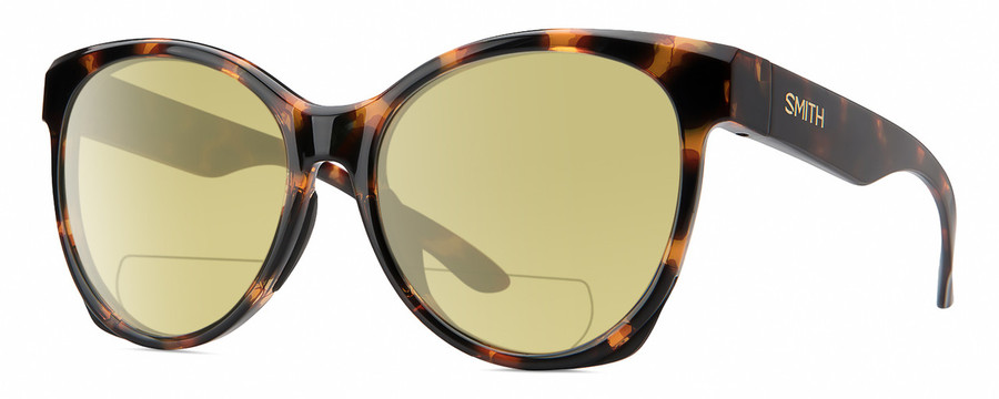 Profile View of Smith Optics Fairground-086 Designer Polarized Reading Sunglasses with Custom Cut Powered Sun Flower Yellow Lenses in Dark Tortoise Havana Brown Amber Ladies Round Full Rim Acetate 55 mm