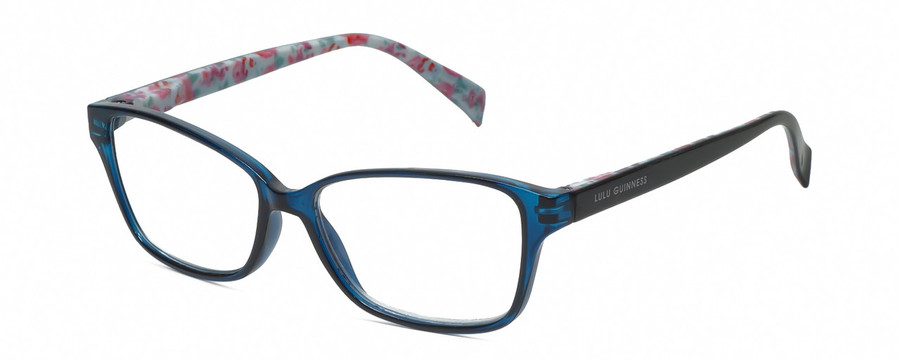 Profile View of Lulu Guinness LR76 Designer Blue Light Blocking Eyeglasses in Navy Blue Crystal Floral Ladies Rectangular Full Rim Acetate 53 mm