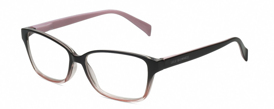 Profile View of Lulu Guinness LR80 Designer Progressive Lens Blue Light Blocking Eyeglasses in Black Pink Crystal Fade Ladies Cat Eye Full Rim Acetate 53 mm