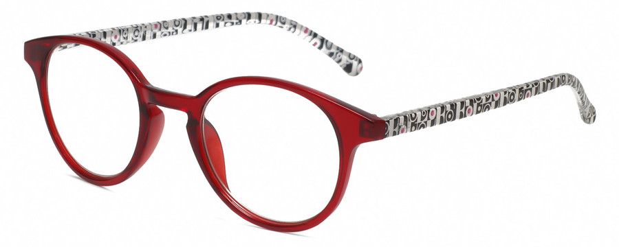 Profile View of Elle EL15557R Designer Reading Eye Glasses with Custom Cut Powered Lenses in Crystal Red Modern Art White Black Ladies Panthos Full Rim Acetate 49 mm