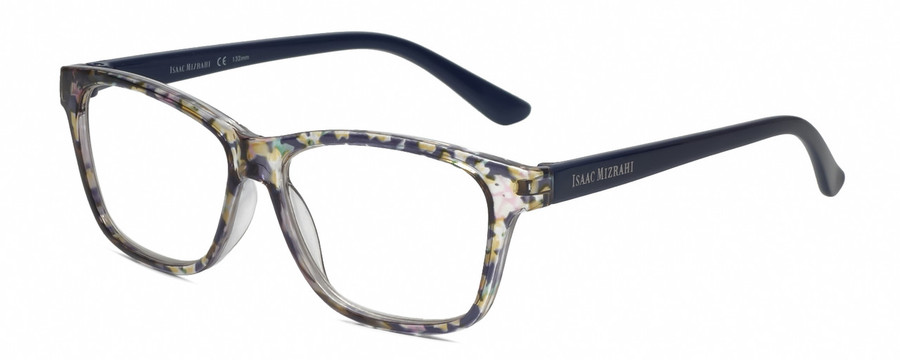 Profile View of Isaac Mizrahi IM31267R Designer Progressive Lens Blue Light Blocking Eyeglasses in Yellow Floral Crystal Royal Blue Ladies Panthos Full Rim Acetate 53 mm