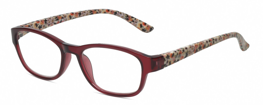 Profile View of Isaac Mizrahi IM31276R Designer Progressive Lens Blue Light Blocking Eyeglasses in Crystal Berry Red Floral White Pink Yellow Ladies Oval Full Rim Acetate 51 mm