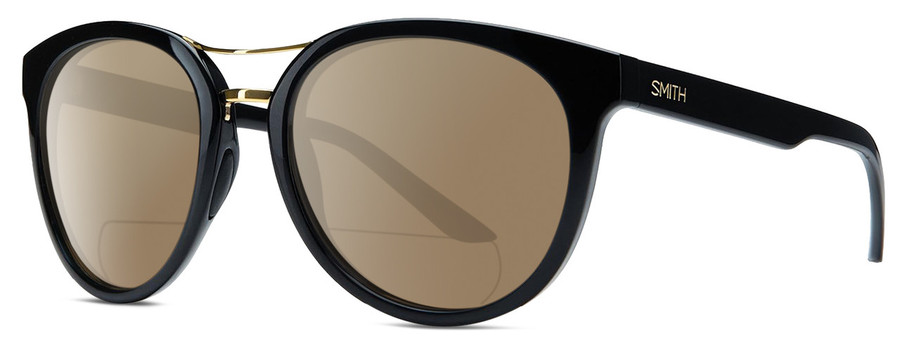 Profile View of Smith Optics Bridgetown Designer Polarized Reading Sunglasses with Custom Cut Powered Amber Brown Lenses in Gloss Black Gold Ladies Panthos Full Rim Acetate 54 mm