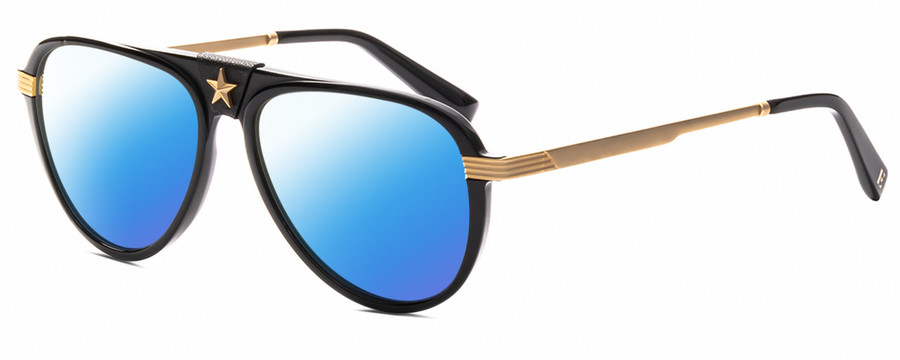 Profile View of Elton John CAPTAIN FANTASTIC Designer Polarized Sunglasses with Custom Cut Blue Mirror Lenses in Gloss Black Gold Unisex Pilot Full Rim Acetate 56 mm